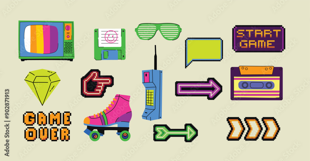 Retro set of icons of 90s. Pop art sticker collection for 1990 born baby. Badge for hipsters with sunglasses, boombox and roller, cassette. Vintage isolated element. Retro set of icons of 90s. Pop art sticker collection for 1990 born baby. Badge for hipsters with sunglasses, boombox and roller, cassette. Vintage isolated element.