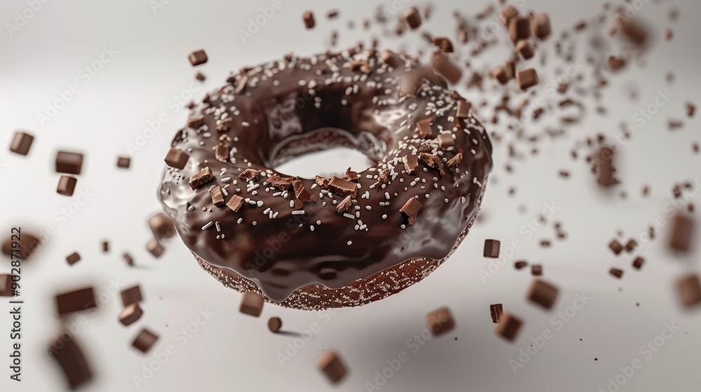 Detailed 3D rendering of a chocolate donut with chocolate icing and sugar sprinkles, floating in an exploded view Detailed 3D rendering of a chocolate donut with chocolate icing and sugar sprinkles, floating in an exploded view