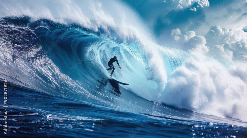 Obraz premium A surfer skillfully maneuvers through a gigantic ocean wave, capturing the thrill and beauty of surfing in action.