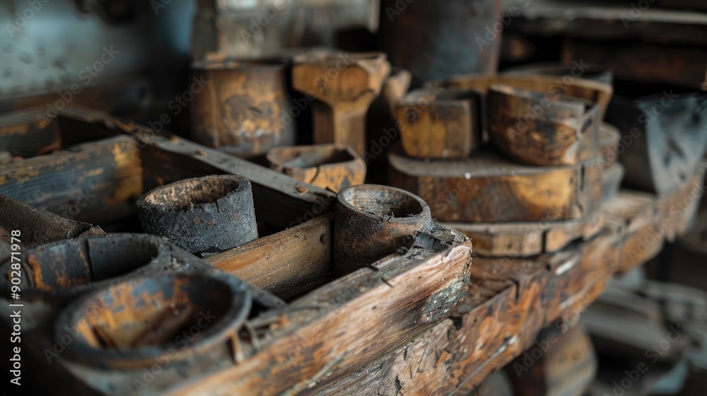 Worn out and burnt wooden glass molds Stack of used wooden glass shaping tools and moulds to be used when blowing glass Worn out and burnt wooden glass molds Stack of used wooden glass shaping tools and moulds to be used when blowing glass