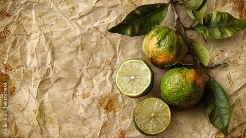 Old paper texture with edible fruits of Citrus australasica the Australian finger lime or caviar lime Whole limes on thorny branch and cut with vesicles partially extracted photo