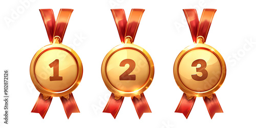 Winner golden medal set isolated on transparent background. First, second and third place in competition. Game champion prize award of honor. Collection for design 