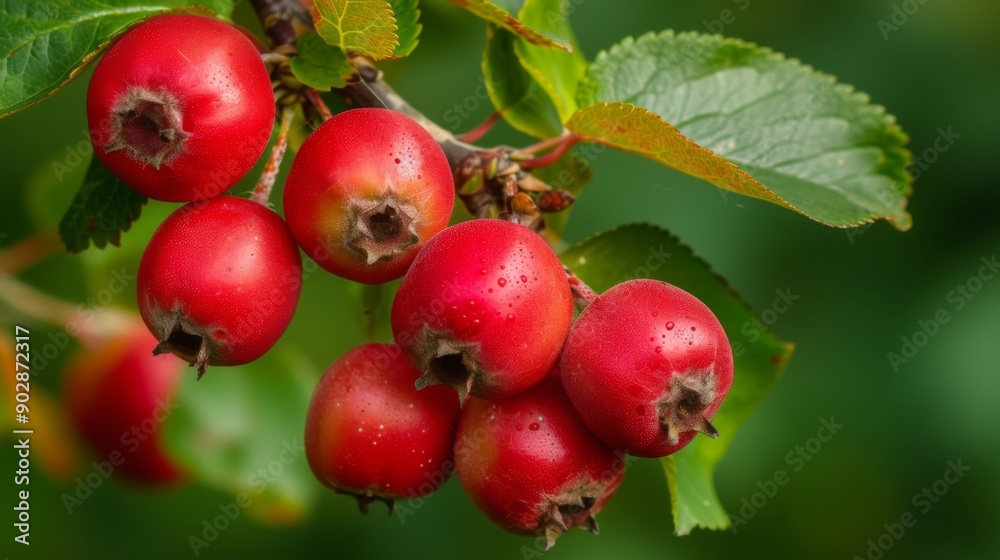 Vibrant red fruits hanging from a Hawthorn tree, with green leaves in the background Vibrant red fruits hanging from a Hawthorn tree, with green leaves in the background