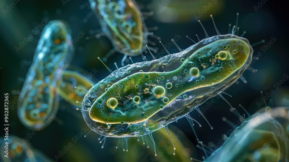 Obraz premium Paramecium bursaria with symbiotic algea differential interference contrast DIC focus to macronucleus oral apparatus mouth field symbiotic algea extrusomes