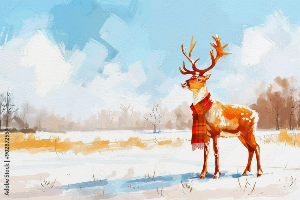 Vibrant Watercolour style Christmas theme illustration of a reindeer, with a tartan scarf round its neck. Great for social media and greeting cards