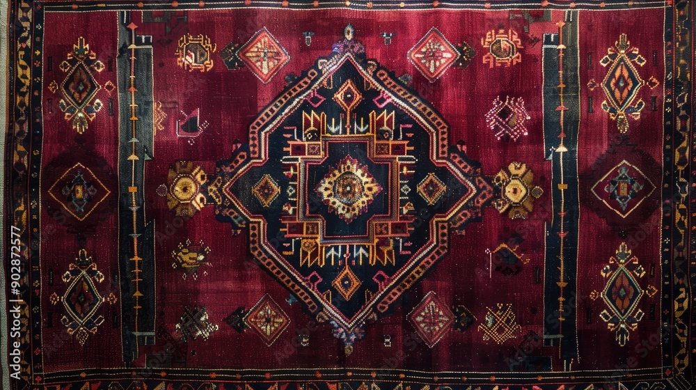The picture depicts a crimson handcrafted carpet featuring a geometric design At its core lies a central emblem flanked by four smaller emblems at each corner The picture depicts a crimson handcrafted carpet featuring a geometric design At its core lies a central emblem flanked by four smaller emblems at each corner