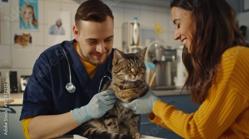 The veterinarian examining cat photo