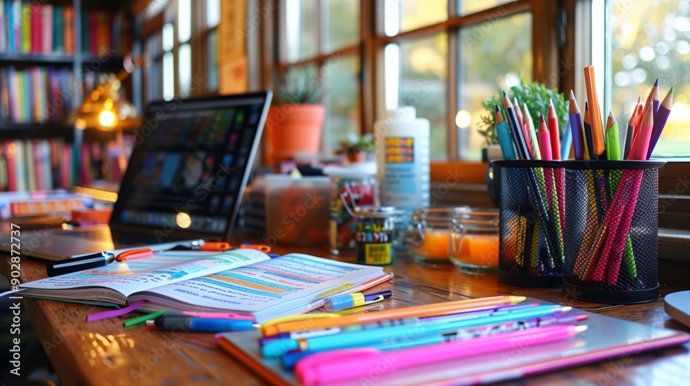 A desk with a laptop, notebooks, and colorful pens sits near a window, the sun shining through and illuminating the workspace. A desk with a laptop, notebooks, and colorful pens sits near a window, the sun shining through and illuminating the workspace.