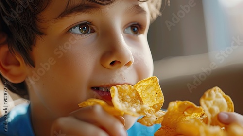 boy 10 years old eats chips close up natural shot photo