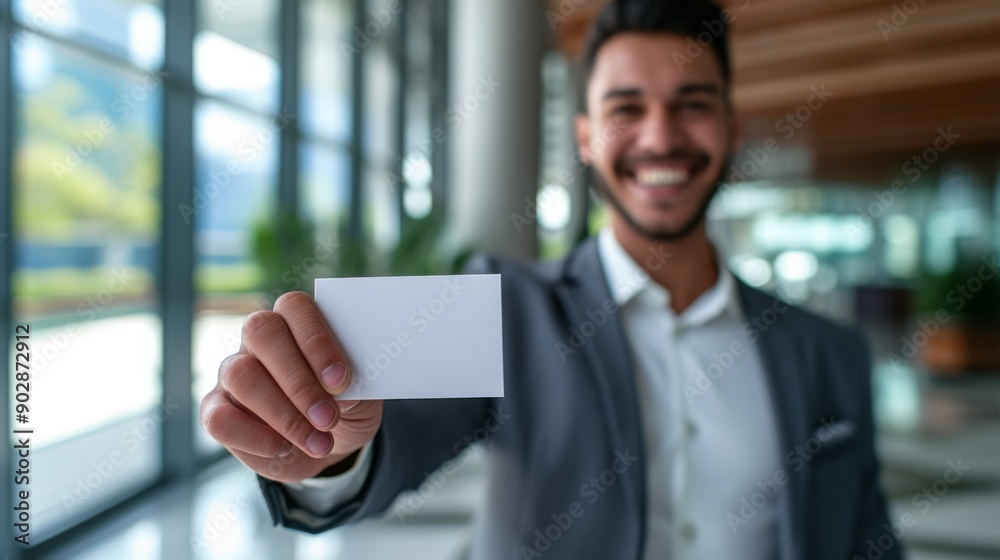 Professional businessman extending his business card towards the camera Professional businessman extending his business card towards the camera