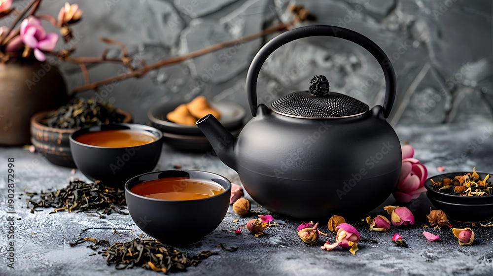 Hot tea in black teapot and cups and dry tea leaves over bright gray cement background Hot tea in black teapot and cups and dry tea leaves over bright gray cement background