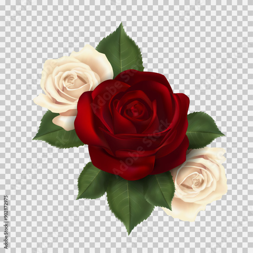 Beautiful bouquet of roses. The floral composition with three roses: one red and two white for holiday design.