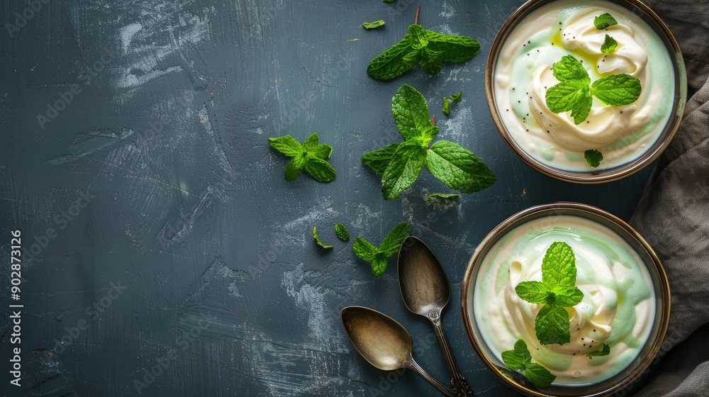 Natural yogurt or yoghurt with cream and mint