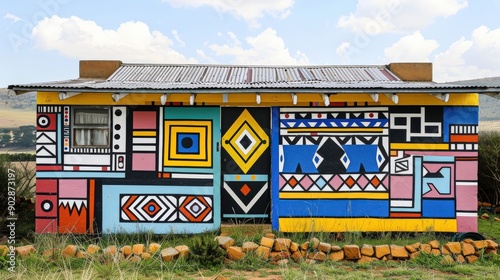 A beautifully painted Ndebele mural on a house, showcasing intricate geometric patterns against a backdrop of natural beauty photo