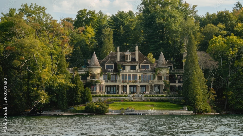 A rural mansion surrounded by trees on a hill on the bay of a lake A rural mansion surrounded by trees on a hill on the bay of a lake