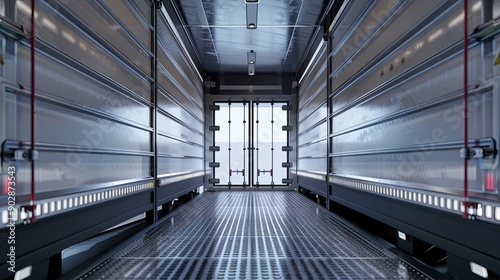 Cooled truck body Truck body view from inside Refrigerated container without anything Truck body with gray cladding View from inside of empty container Lorry for food transportation photo