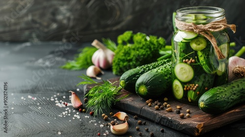 Glass jar with fresh cucumbers herbs garlic and dill on wooden board Cooking pickle cucumbers for home conservation photo