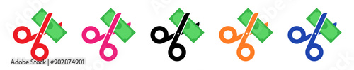 Scissors cutting money. Price cut colorful set