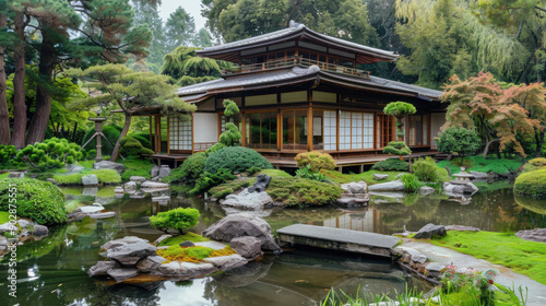 A traditional Japanese house set in a serene garden with a pond, stone pathways, and meticulously maintained greenery.