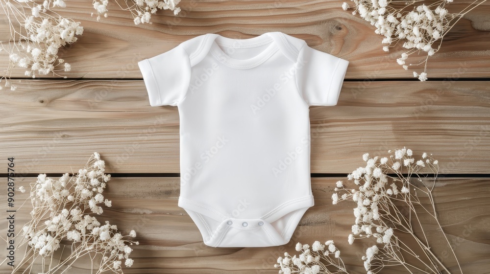 A baby's white onesie is on a wooden table with a Christmas tree and pom poms A baby's white onesie is on a wooden table with a Christmas tree and pom poms