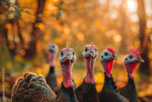 A group of turkeys playing in a colorful fall Thanksgiving setting