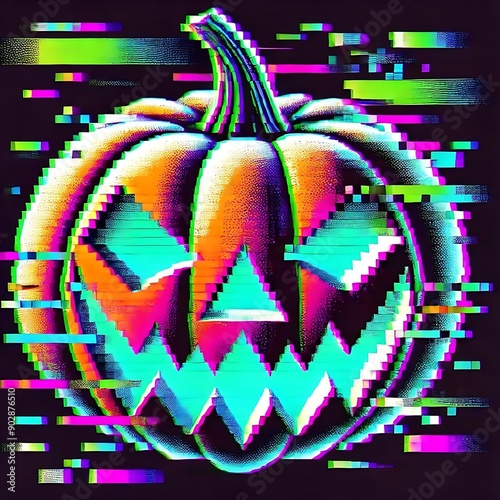 vibrant digital artwork of a Halloween pumpkin with a glitched effect