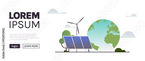 Sustainability and esg, green, energy, sustainable industry with windmills and solar energy panels, environmental, social, corporate governance concept flat vector illustration.	
