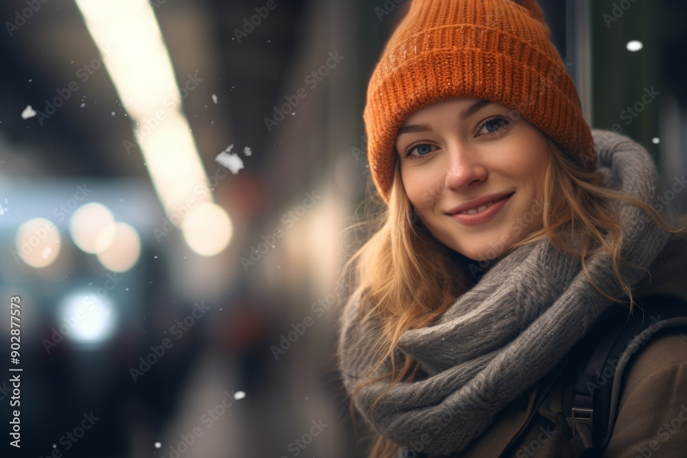 Portrait of a blissful woman in her 30s donning a warm wool beanie over modern city train station Portrait of a blissful woman in her 30s donning a warm wool beanie over modern city train station