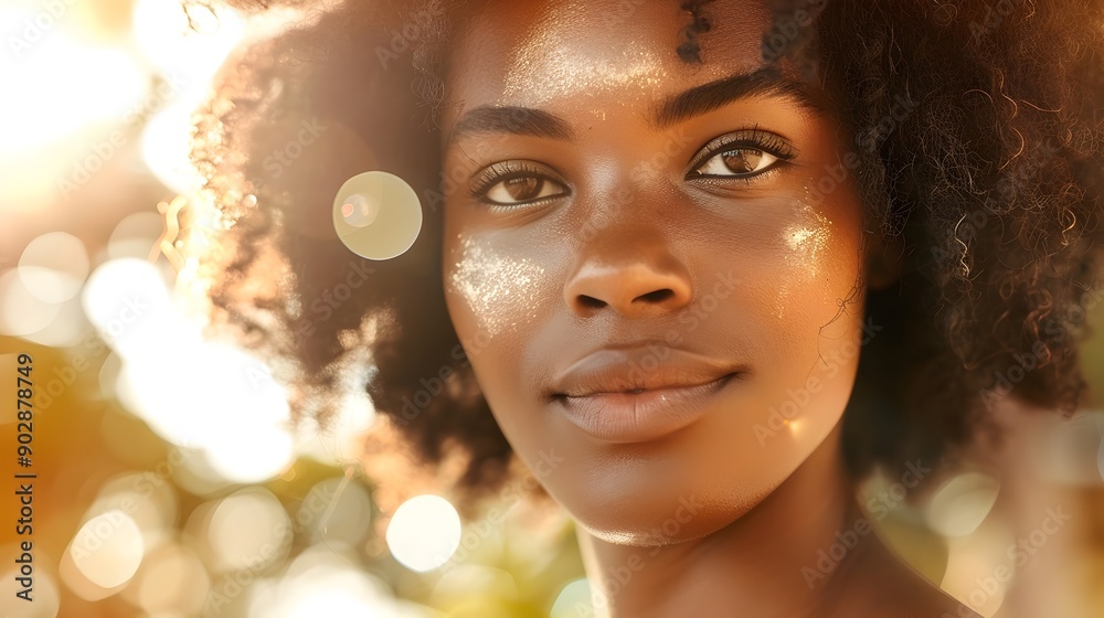 Fototapeta premium Radiant and Confident Young Black Woman with Afro Hair Smiling in Warm Natural Lighting