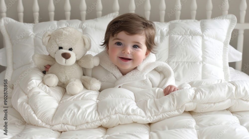 Adorable Baby Boy with Teddy Bear in Cozy Bedroom Adorable Baby Boy with Teddy Bear in Cozy Bedroom