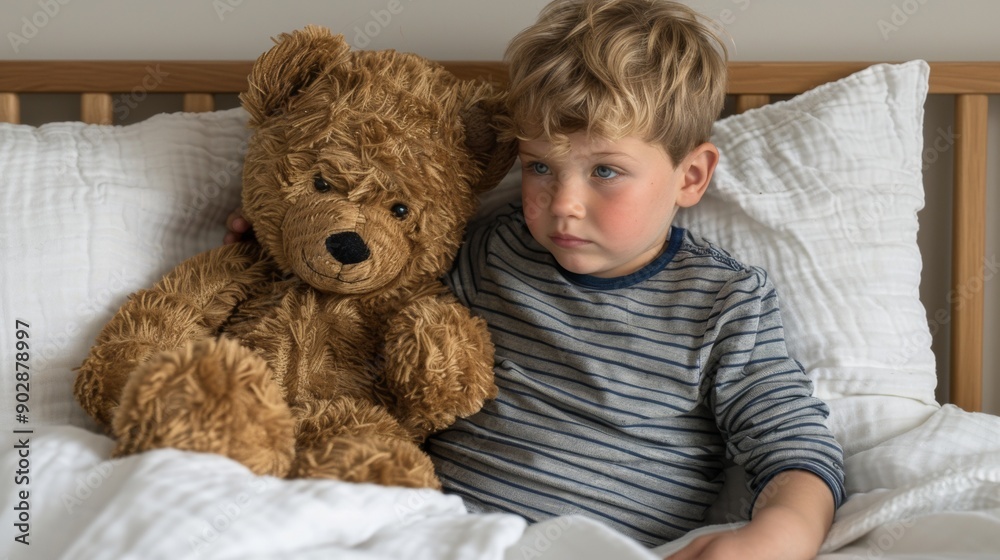 Adorable Baby Boy with Teddy Bear in Cozy Bedroom Adorable Baby Boy with Teddy Bear in Cozy Bedroom