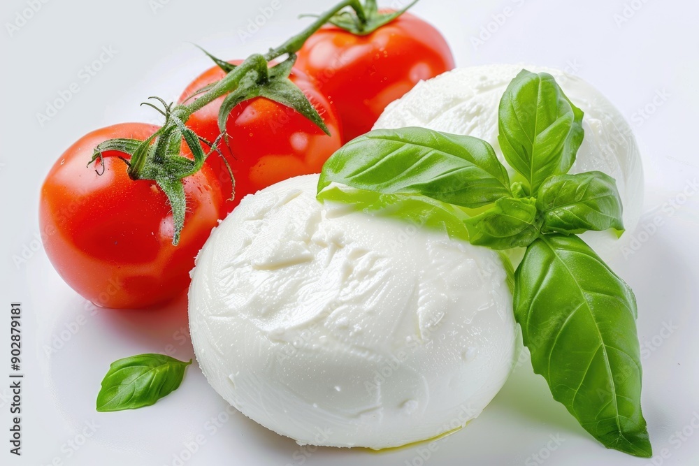 Handcrafted Mozzarella Cheese Illustration with Fresh Basil and Tomatoes Handcrafted Mozzarella Cheese Illustration with Fresh Basil and Tomatoes