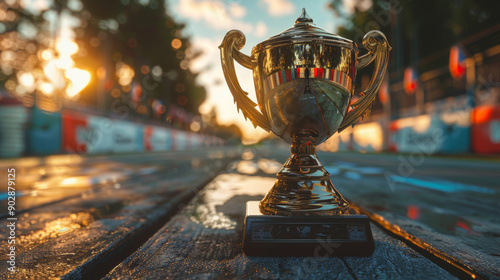 A gleaming golden trophy placed on a wooden surface with a race track background, illuminated by warm sunlight.