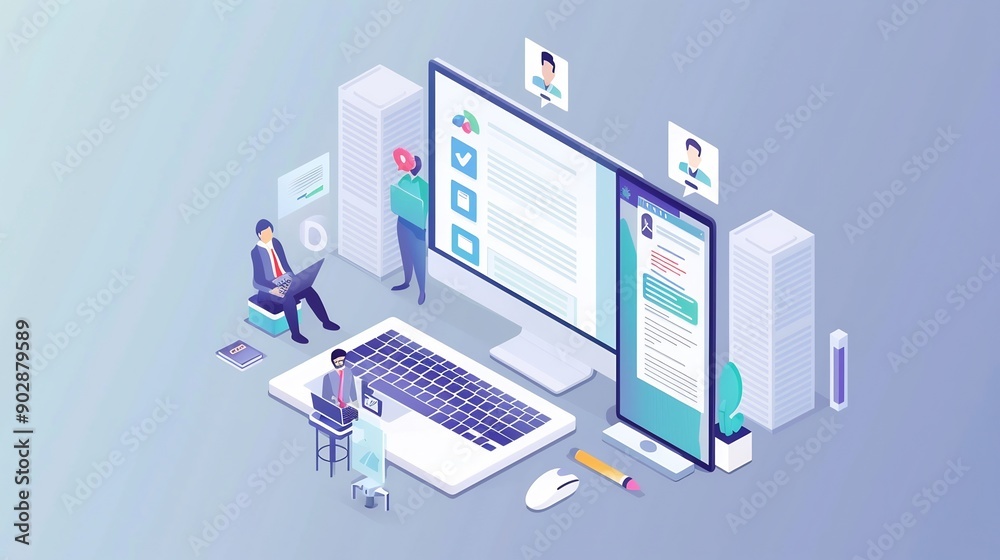 Modern Office Workspace with Isometric Illustration of People Working on Laptops and Desktops Modern Office Workspace with Isometric Illustration of People Working on Laptops and Desktops