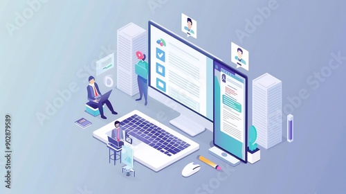 Wallpaper Mural Modern Office Workspace with Isometric Illustration of People Working on Laptops and Desktops Torontodigital.ca