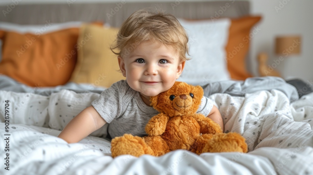 Adorable Baby Boy with Teddy Bear in Cozy Bedroom Adorable Baby Boy with Teddy Bear in Cozy Bedroom