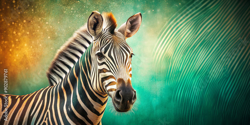 A zebra stands prominently against a vibrant, gradient background that transitions from warm golden hues to cool teal tones. Sparkling light effects add a magical atmosphere to the composition.AI gene © Viola