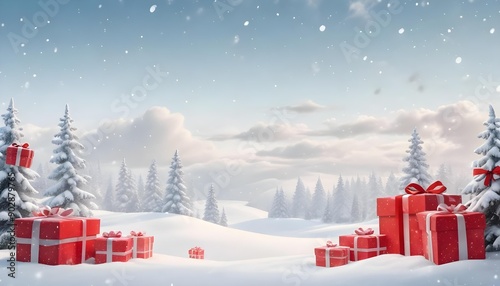 Snowy winter landscape with pine trees covered in snow, gift boxes in the foreground, and a cloudy sky with falling snowflakes