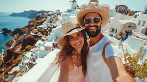 Fototapeta Naklejka Na Ścianę i Meble -  Beautiful smiling couple takes self portrait on summer vacation in Oia, Santorini, Greece