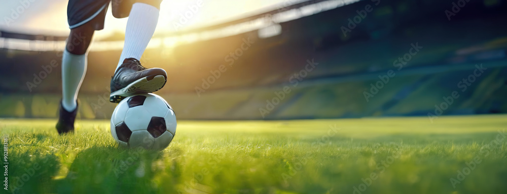 A soccer player standing with one foot on the ball on a green field in an empty stadium during sunset.