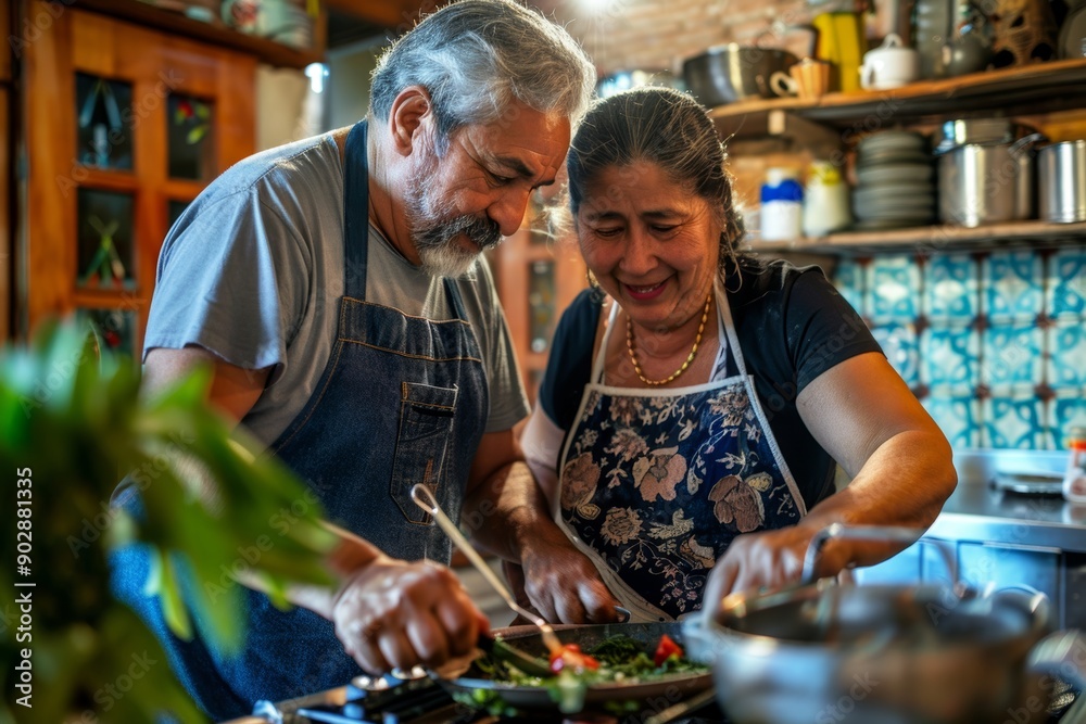 Portrait of a satisfied latino couple in their 40s cooking together Portrait of a satisfied latino couple in their 40s cooking together