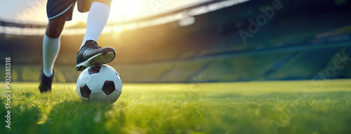 Obraz na płótnie A soccer player standing with one foot on the ball on a green field in an empty stadium during sunset. w salonie