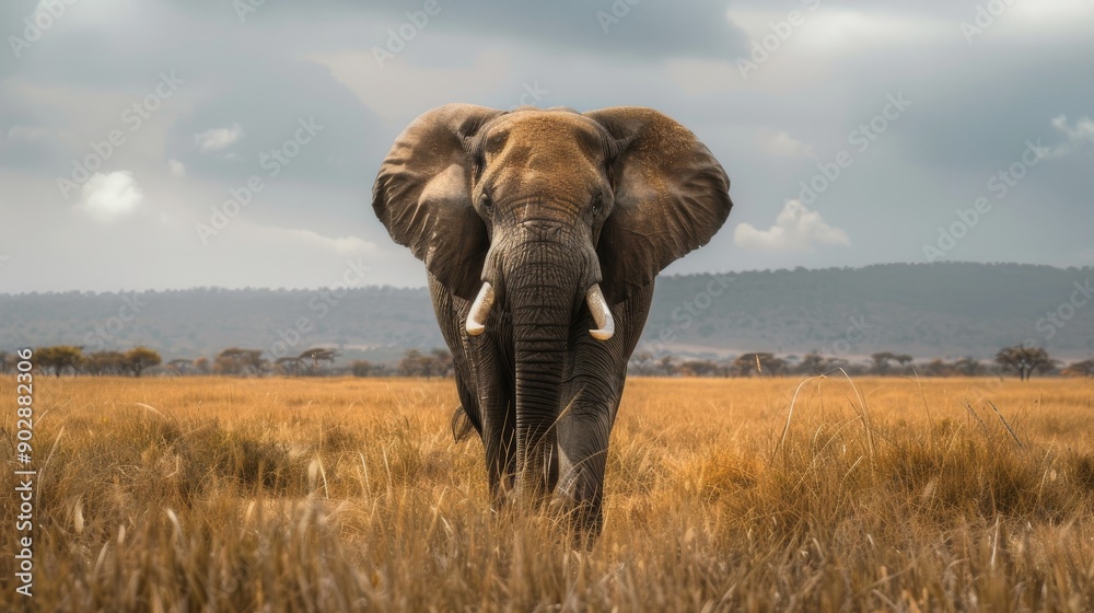 Obraz premium African Elephant Walking Through Tall Grass.