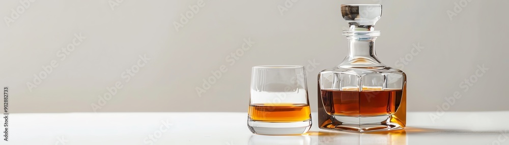 Elegant whiskey decanter and glass, amber liquid, white background, minimalist style, closeup