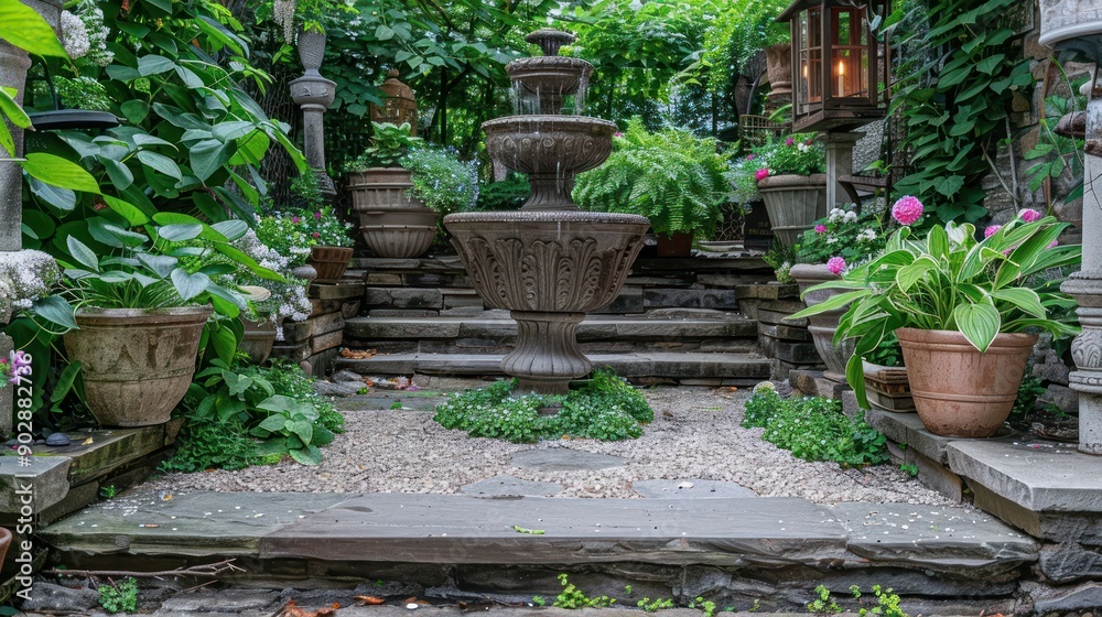 A garden with a stone walkway and a fountain A garden with a stone walkway and a fountain