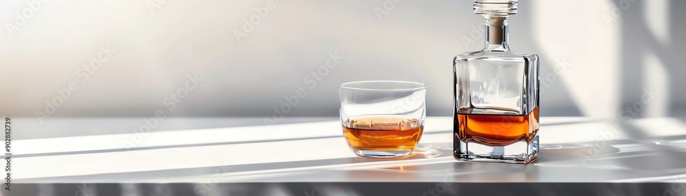 Elegant whiskey decanter and glass, amber liquid, white background, minimalist style, closeup Elegant whiskey decanter and glass, amber liquid, white background, minimalist style, closeup