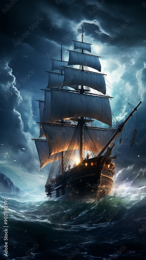 Naklejka premium A pirate ship sails the sea at night wallpaper. Generation Ai