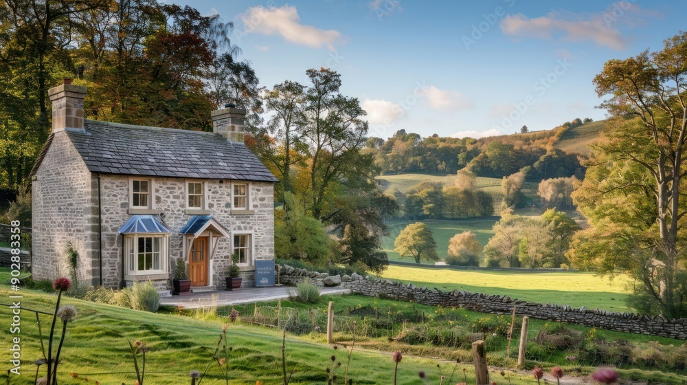 A small house with a porch sits in a field with trees in the background A small house with a porch sits in a field with trees in the background