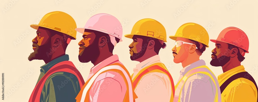 © NewMaii - Five diverse construction workers in hard hats stand in a row. © NewMaii - Five diverse construction workers in hard hats stand in a row.