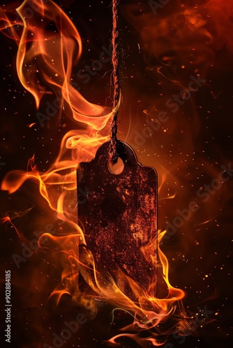 Hot sale tag engulfed in flames, front view, dark background, high contrast, dramatic lighting